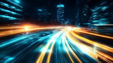 Nighttime traffic with light trails on the highway and road