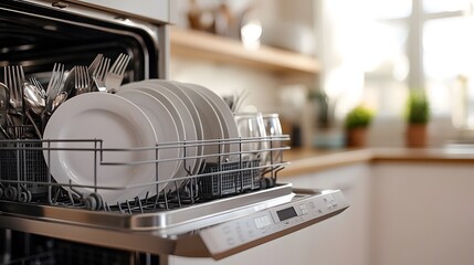 Open dishwasher in modern kitchen, bright lighting, clean dishes neatly arranged, stainless steel interior, white ceramic plates, glasses, domestic appliance, contemporary home.