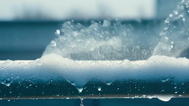 Water leaks from a frozen pipe, creating ice. Winter cold damages plumbing, needing repair. Thawing ice means water damage and insurance claims. Burst pipe causes emergency with icicles forming