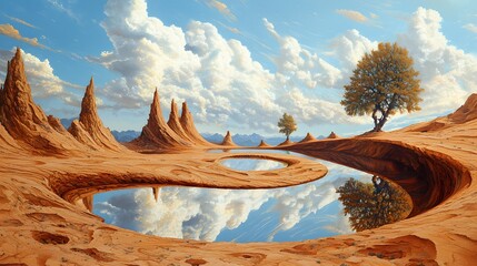 Obraz premium Serene Desert Oasis Reflected in Tranquil Stillwater Amidst Dramatic Canyons and Cloud Filled Sky