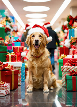 Cute golden retriever with santa clasu hat surrounded with christmas gifts in shopping mall like concept of christmas and our pets
