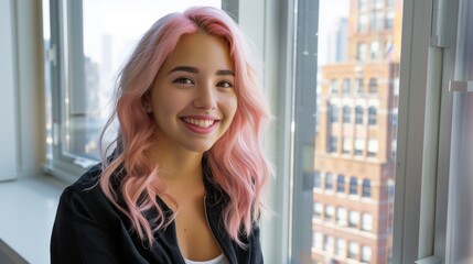 Fototapeta premium Smiling woman with pink hair by office windows, enjoying bright views of the city.