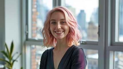 Fototapeta premium Bright office with urban views, pink-haired woman smiling by the windows.