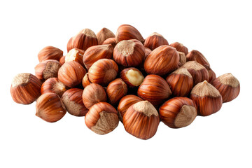 Obraz premium peeled hazelnuts arranged neatly in a small pile, isolated on a white background.