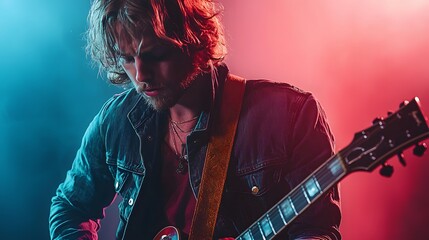 Fototapeta premium Talented Musician Performing on Stage with Electric Guitar at Rock Concert
