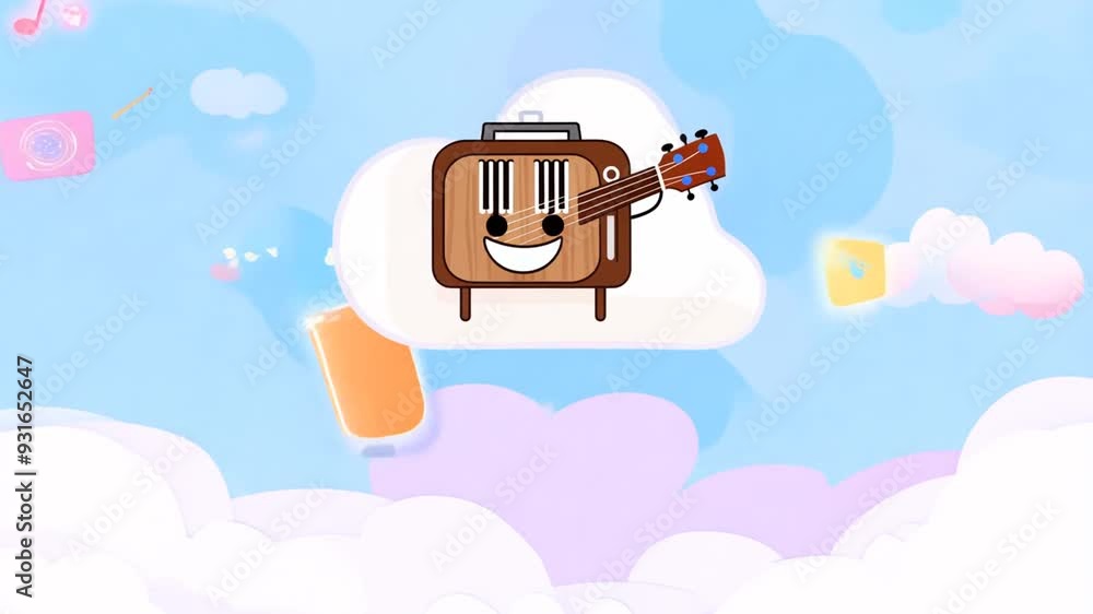 Aufkleber animated musical instrument character floating in a colorful sky generative ai