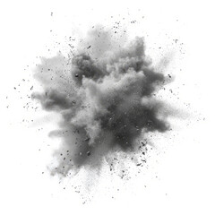 A surreal explosion of soft dust particles, creating a swirling cloud effect with shades of gray on white.