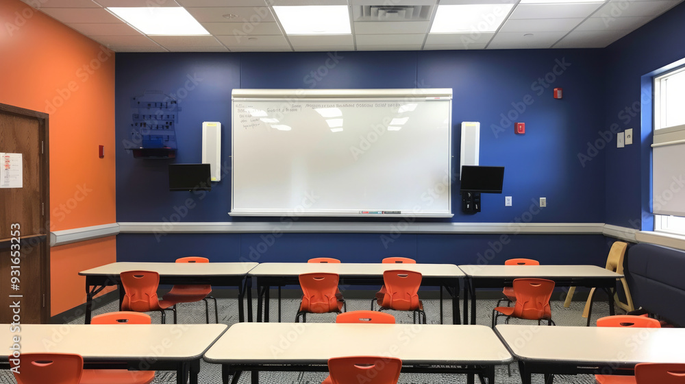 Poster Modern classroom setup featuring interactive whiteboard and student desks for engaging learning environment