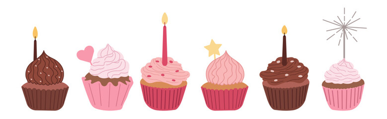 Happy birthday. Cupcakes with candles isolated on white. Set of cakes. Cute vector illustration in a simple style