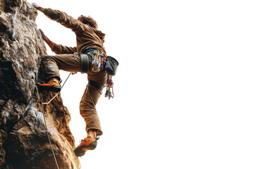 A rock climber climbs up a steep cliff face with his hands and feet clinging to the rock surface on a white background.