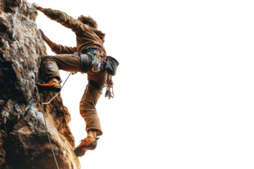 A rock climber climbs up a steep cliff face with his hands and feet clinging to the rock surface on a white background.