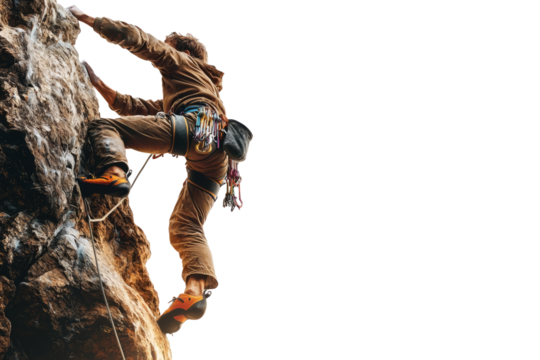 A rock climber climbs up a steep cliff face with his hands and feet clinging to the rock surface on a white background.