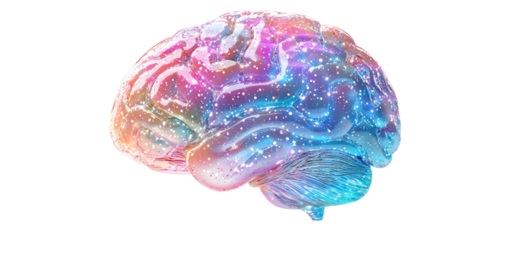 A futuristic, glowing neuroscience brain with intricate details and wires, isolated on a white background.