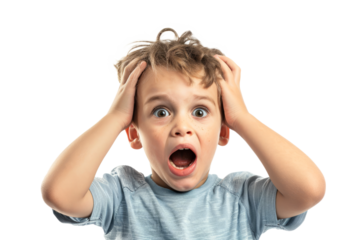 An upset little boy with an open-mouthed cry, holding his head with both hands