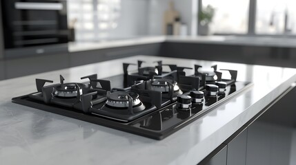close up view of a black modern kitchen 2 burner gas hob portable stovetop on white grey quartz worktop