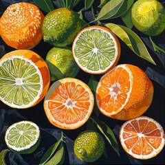 A painting of oranges and limes on a black background, an ultrafine detailed design