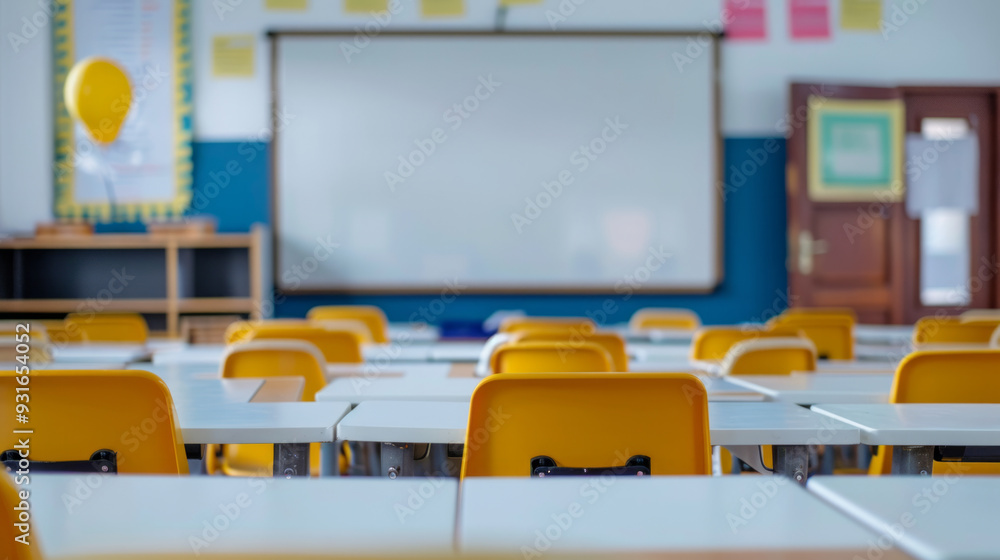 Poster interactive classroom environment with empty desks and whiteboard ready for learning activities