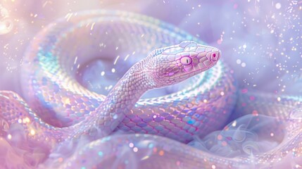 Fototapeta premium Shiny snake, surreal minimalism, ethereal dreamlike atmosphere, soft pastel colours accented with shimmering glitter.