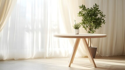 White wooden round table, minimalist Scandinavian design, soft beige curtains background, potted plant, natural sunlight, cozy interior, warm tones, clean lines.