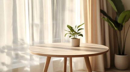 White wooden round table, minimalist Scandinavian design, soft beige curtains background, potted plant, natural sunlight, cozy interior, warm tones, clean lines.