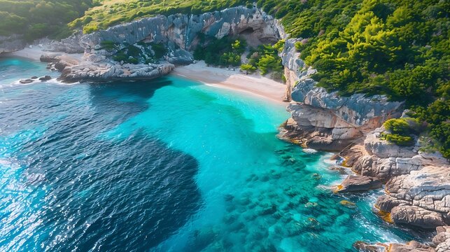 Secret turquoise beach below Lubenice village on Cres island scenic archipelago of Croatia : Generative AI