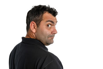 Fototapeta premium Portrait of a man with an anxious look checking over his shoulder, symbolizing paranoia, on a white backdrop.