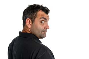 Portrait of a man with an anxious look checking over his shoulder, symbolizing paranoia, on a white backdrop.