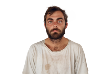 Portrait of a man with a complex, layered expression, portraying the multifaceted nature of mental illness, on white