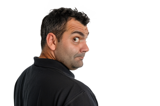 Portrait of a man with an anxious look checking over his shoulder, symbolizing paranoia, on a white backdrop.