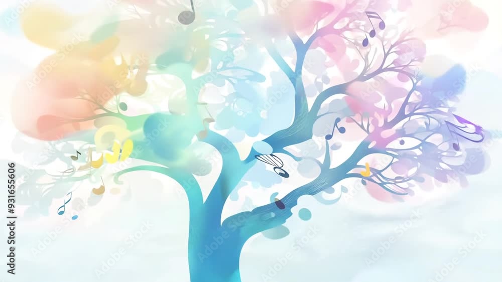 Poster colorful tree with musical notes in a whimsical design generative ai