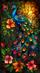 Art nouveau artistic image of peacock in a round shape,Luxurious peacock with an open tail,magnificent realistic peacock