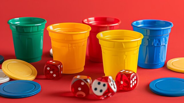 Colored cup with chips and dice to play parcheesi table games family games