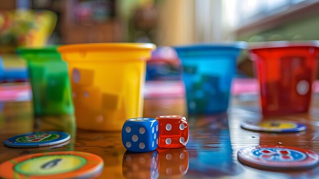 Colored cup with chips and dice to play parcheesi table games family games
