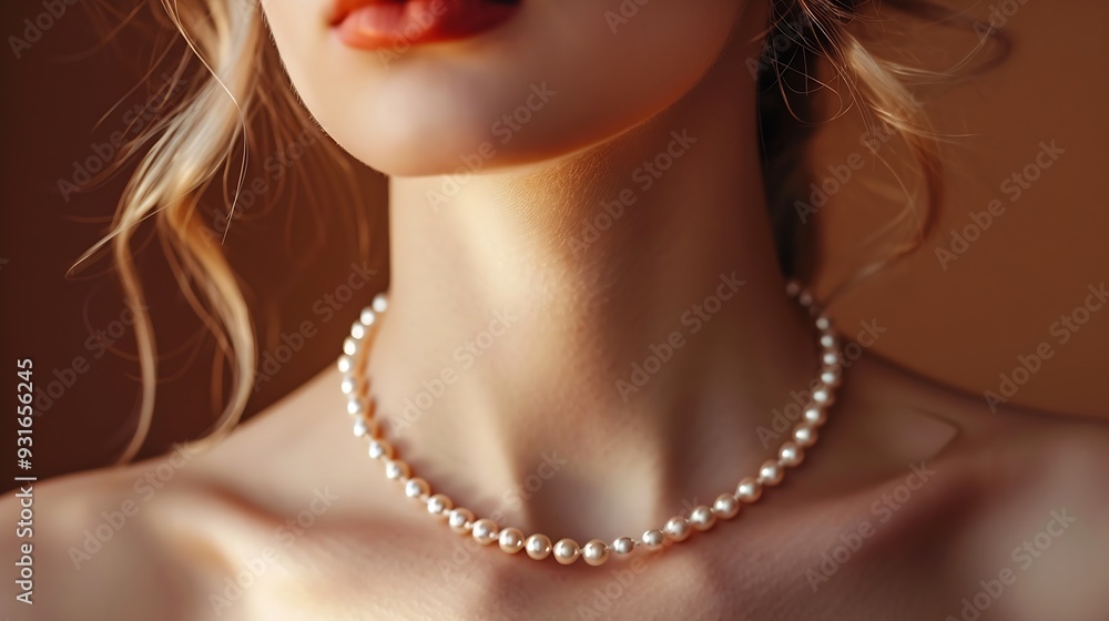 Poster Photo of charming rich lady advertising jewelry boutique perfect necklace isolated on brown gradient color background : Generative AI