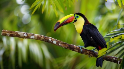 Naklejka premium Toucan perched on a branch in a tropical rainforest its colorful beak vivid against the lush green background