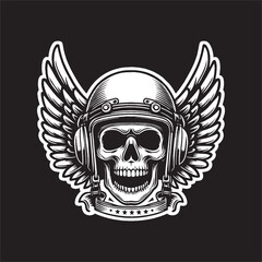 vector cartoon skull head wearing a motorbike helmet with cute and cute wings