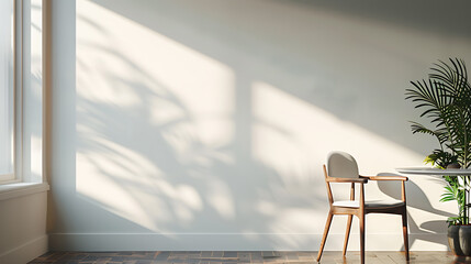 A single chair sits by a window in a room bathed in soft, natural light. The chair is wooden with a white cushion, and the sunlight casts delicate shadows on the wall.