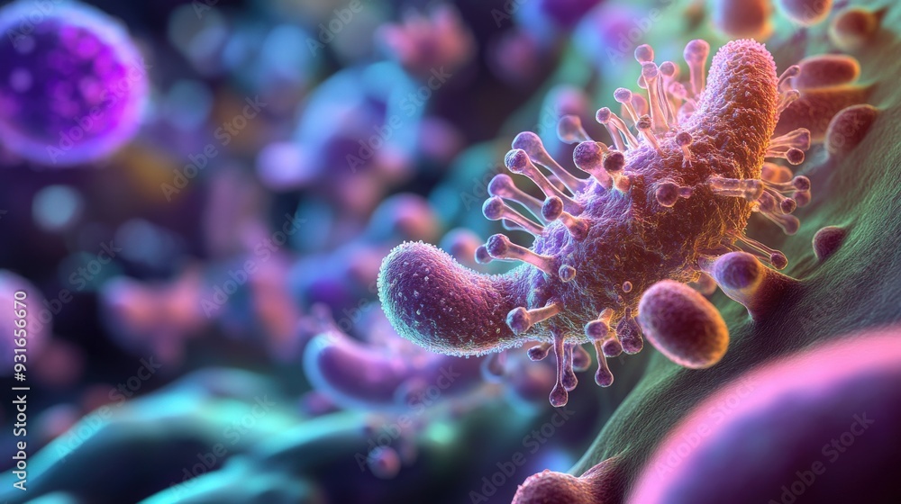 Poster a close-up observation of a bacterial spore showcasing its complex structure and unique features