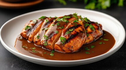 Grilled Chicken with Brown Gravy and Parsley Garnish