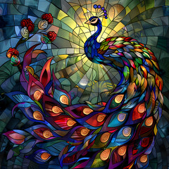 Fototapeta premium Art nouveau artistic image of peacock in a round shape,Luxurious peacock with an open tail,magnificent realistic peacock