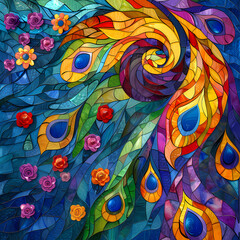 Art nouveau artistic image of peacock in a round shape,Luxurious peacock with an open tail,magnificent realistic peacock
