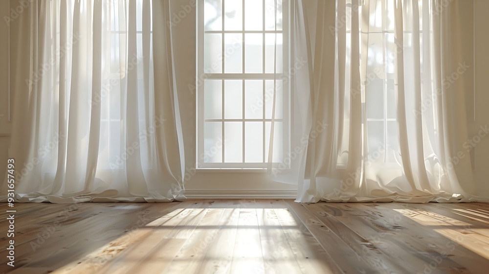 Poster Backlit window with white curtains in empty room : Generative AI