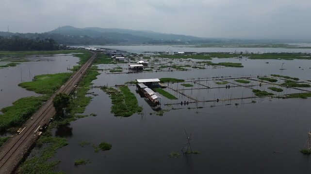 Morning Aerial view of Rawa Pening lake, Ambarawa, Central Java, Indonesia.
