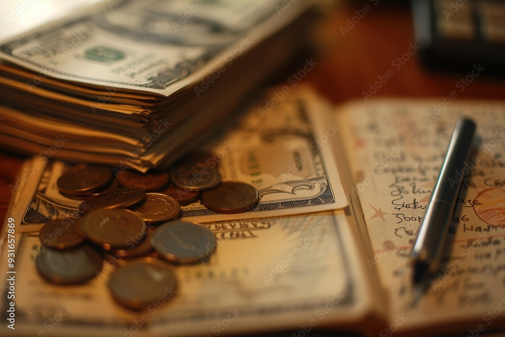 Poster a stack of cash and coins accompany a notebook filled with notes and calculations, highlighting fina
