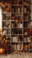 Cozy Autumn Bookshelf Decor with Pumpkins and Foliage