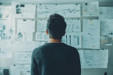 A person stands in front of a wall filled with sketches and notes, engaged in thoughtful contemplation or planning