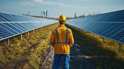A worker in a safety helmet and jacket surveys a solar panel field, reflecting the growth of renewable energy and sustainable technology