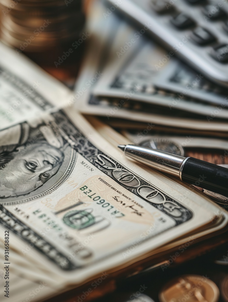 Fototapete a stack of cash sits alongside coins and an open notebook filled with notes and calculations on a wo
