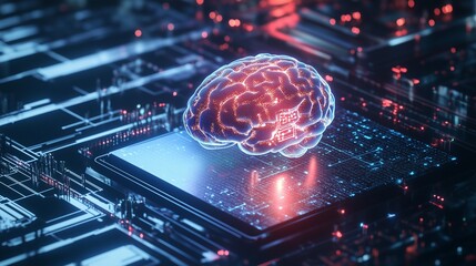 Obraz premium Big data and artificial intelligence concept. Human brain glowing from processor, symbolizing the fusion of human intelligence and machine learning capabilities. Evolution of technology of data. 