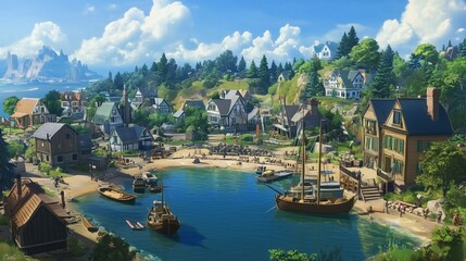 Fototapeta premium A charming coastal village with quaint cottages, fishing boats, and a bustling harbor --ar 16:9 --v 6.1 